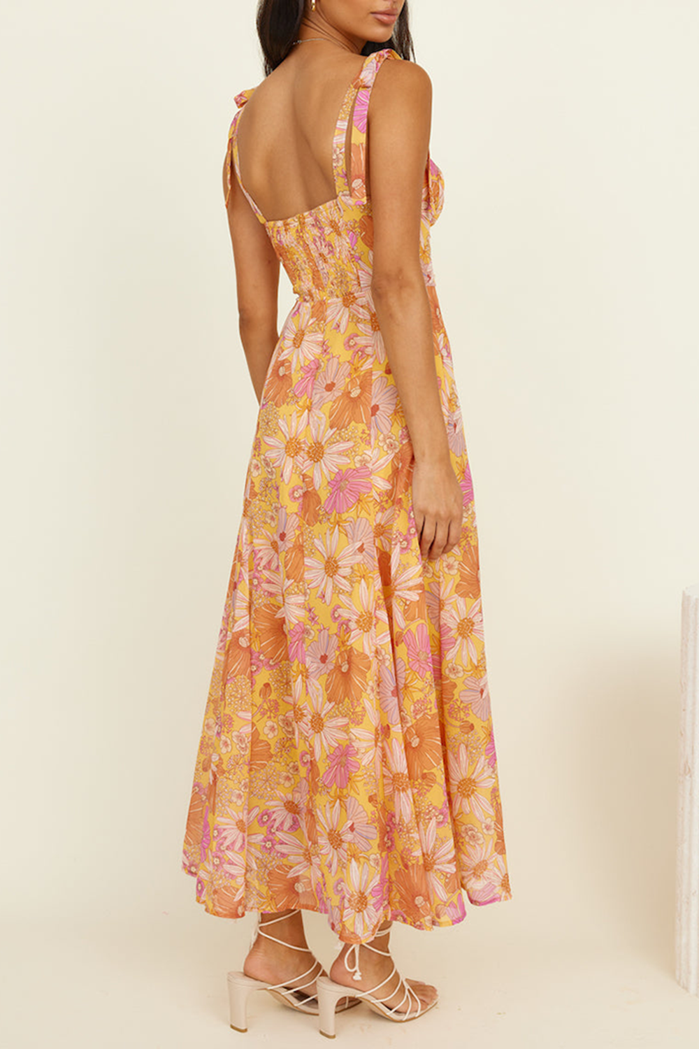 Floral Print Boat Neckline Tie Up Wide Strap A - Line Midi Dresses - Orange
