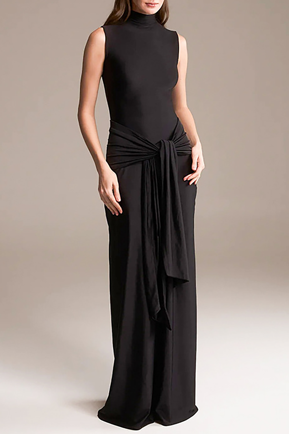 Stand Collar Sleeveless Open Back Tie Up Sash Plain Maxi Dresses - OffWhite
