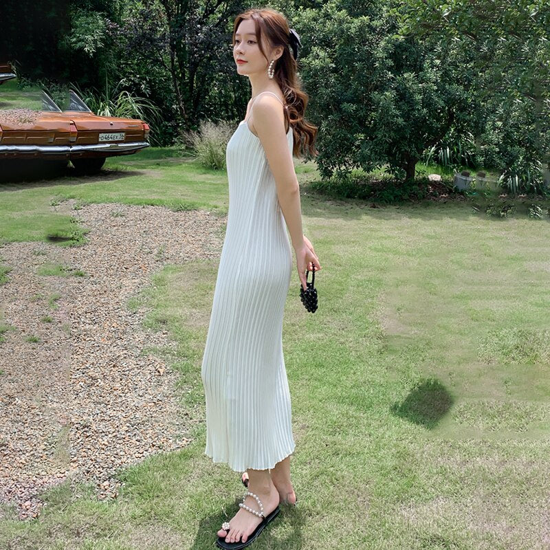 Spaghetti Strap Pleated Satin Dress Loose Casual Sexy Korean Party Dress Long Midi Dress Straight Slash Neck Dress
