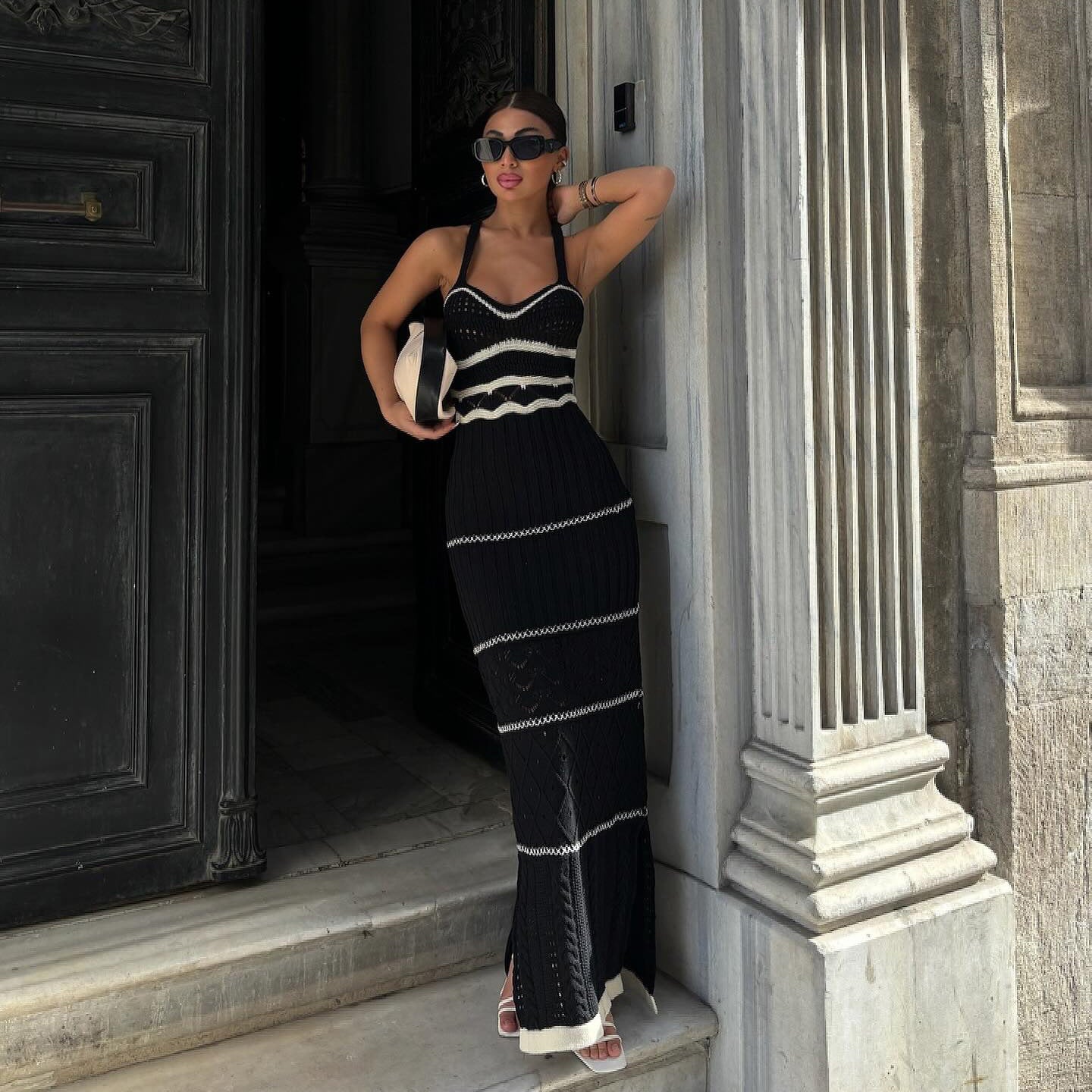 Knitted Color Contrasting French Bohemian Strap Dress with Hollow out Pure Desire Slimming and Hip hugging Long Skirt, High end Feeling