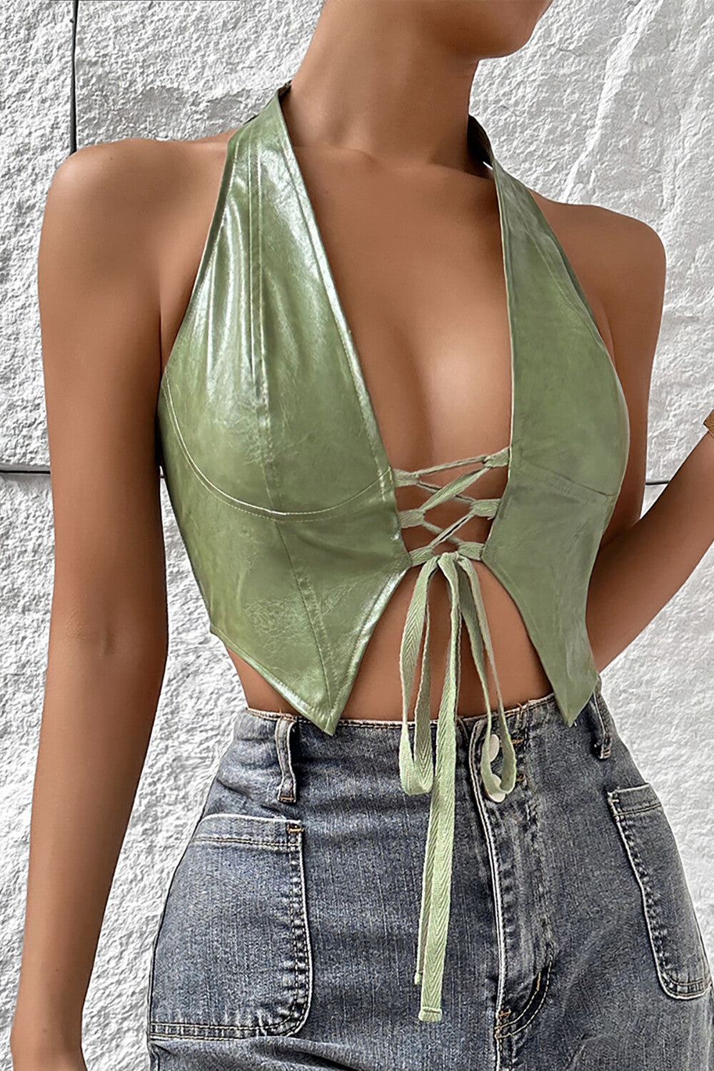 Front Lace Up Deep V Neck PU Leather Halter Crop Top - Brown