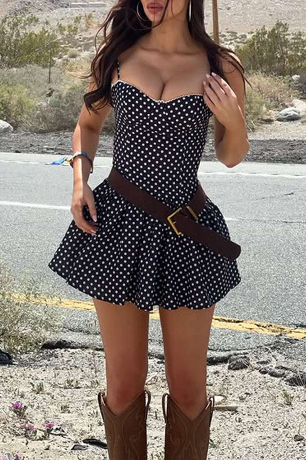 Polka Dot Print Cinch Waist Strappy Mini Dresses - Black