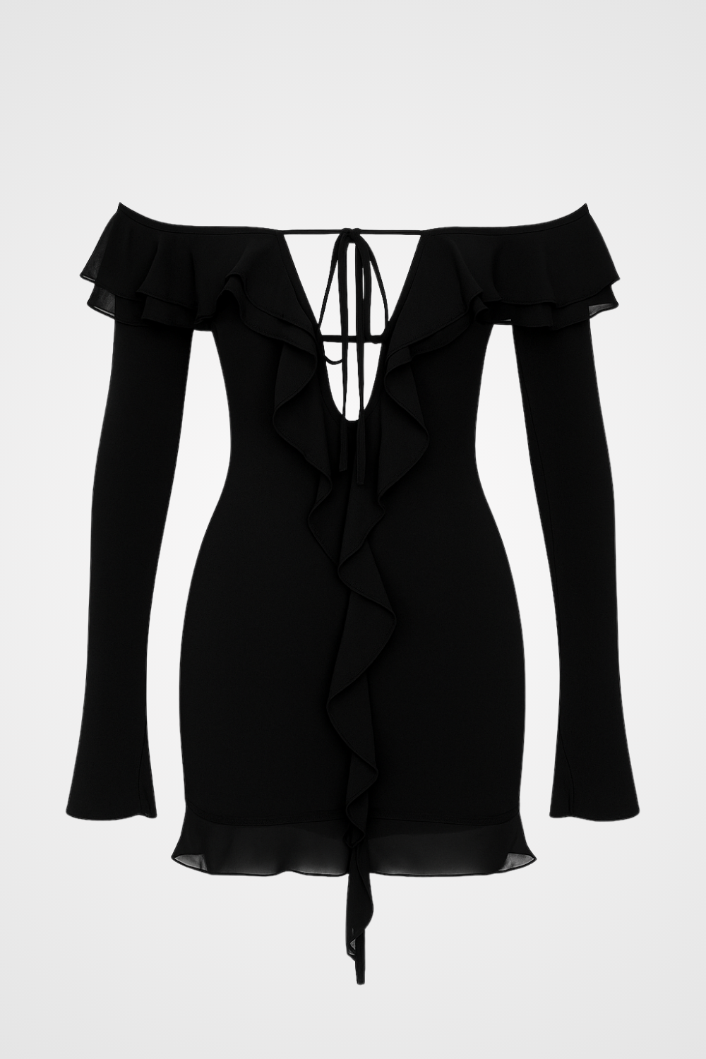 Off Shoulder Long Sleeve Tied Up Ruffle Party Mini Dress - Black