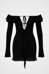 Off Shoulder Long Sleeve Tied Up Ruffle Party Mini Dress - Black