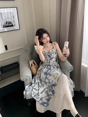 Oil painting floral suspender dress Women's summer stitching fake two piece skirt