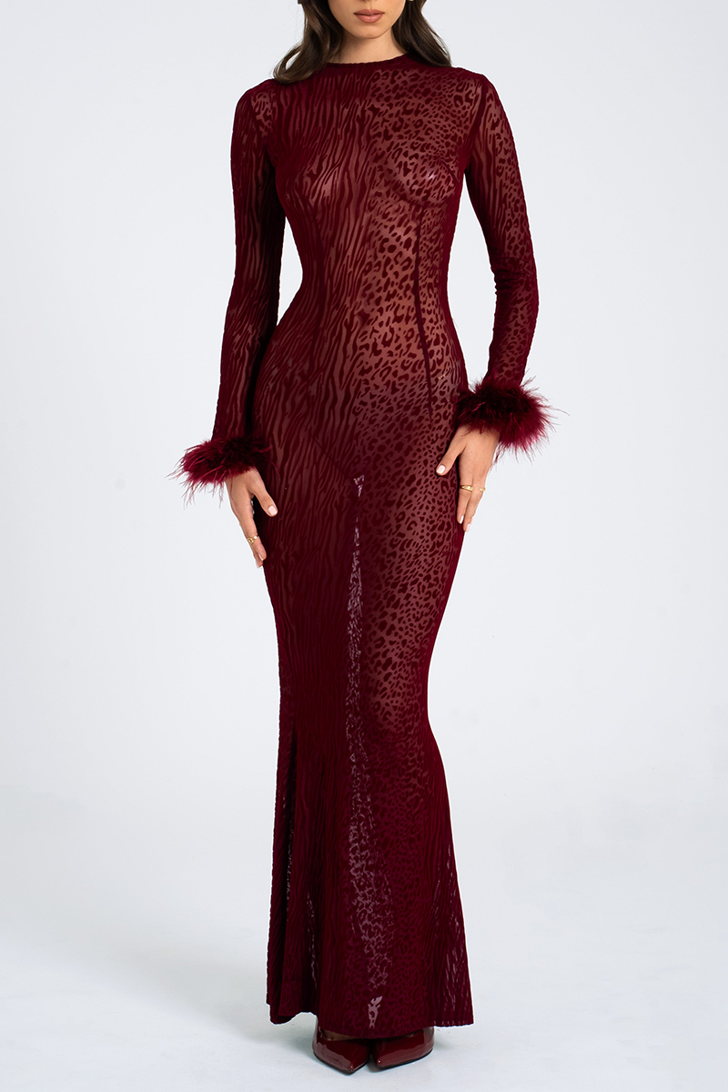 Animal Print Feather Trim Long Sleeve Backless Maxi Dresses - Burgundy
