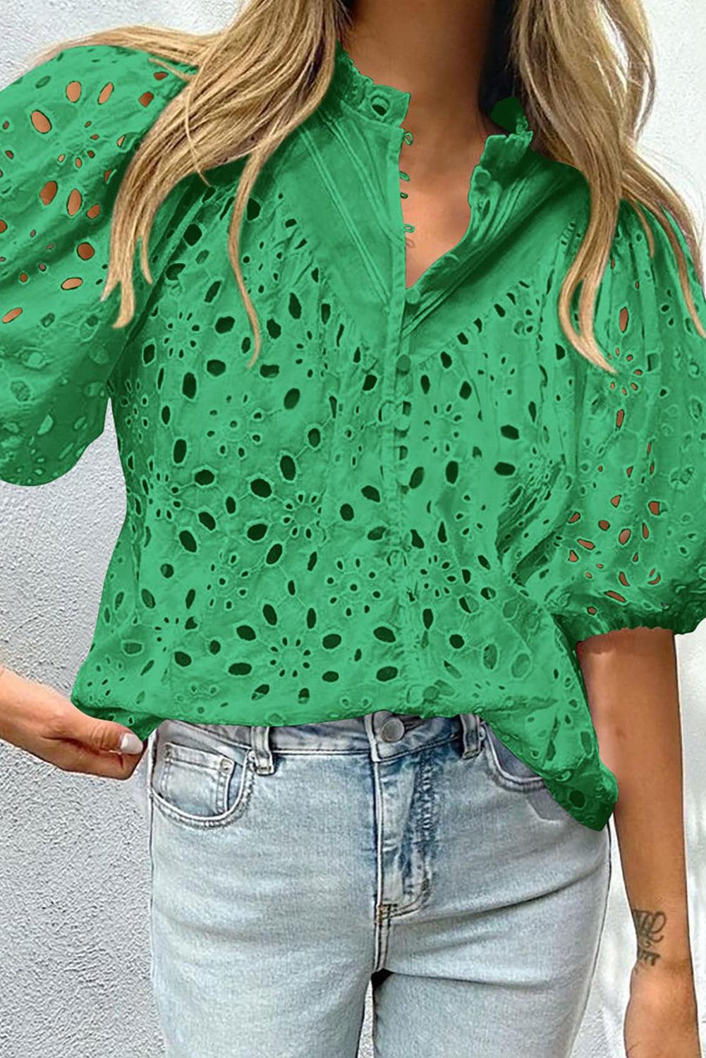 Eyelet Button Up Half Sleeve Top