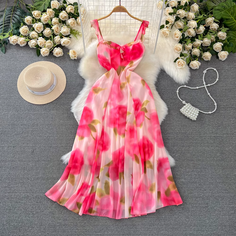 A-line printed chiffon suspender dress seaside vacation long dress