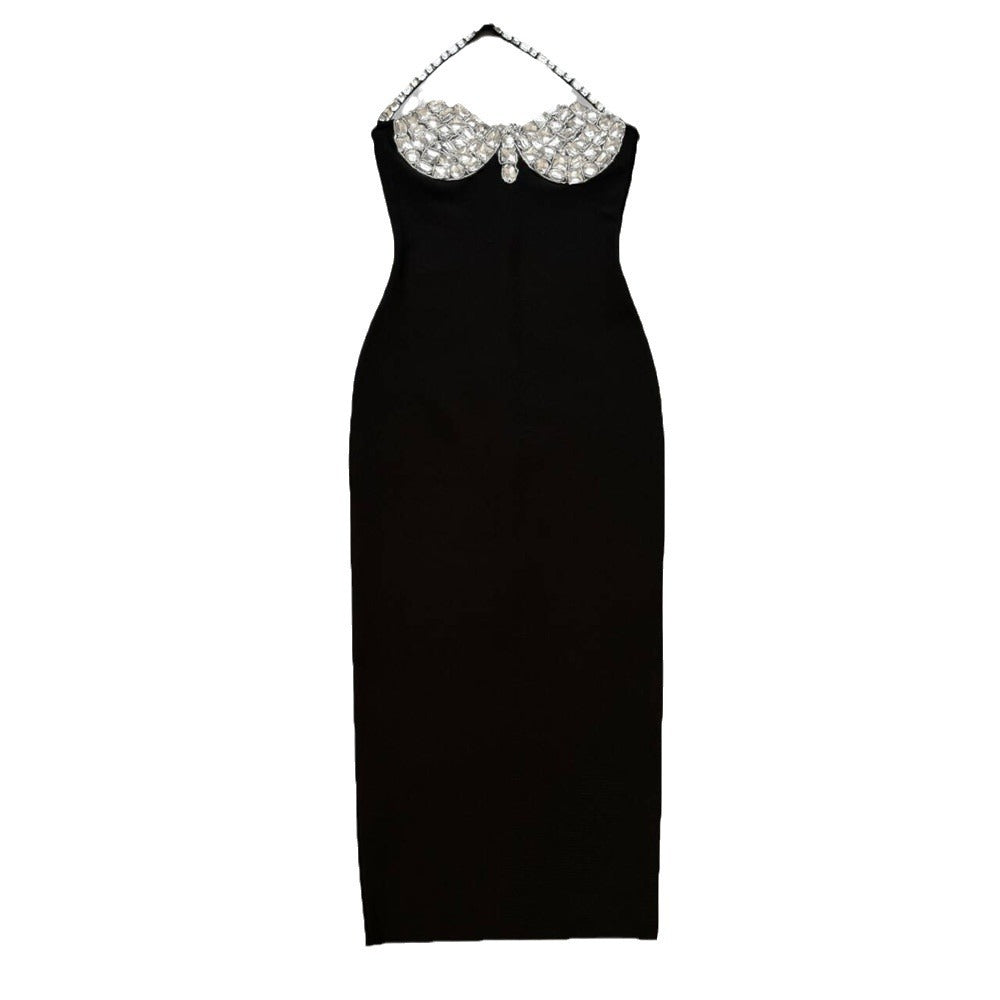 European and American sexy neck hanging bandage dress, heavy nail bead backless party dress, dress