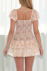 Floral Print Short Sleeve Cinch Waist Tiered Mini Dresses - Beige