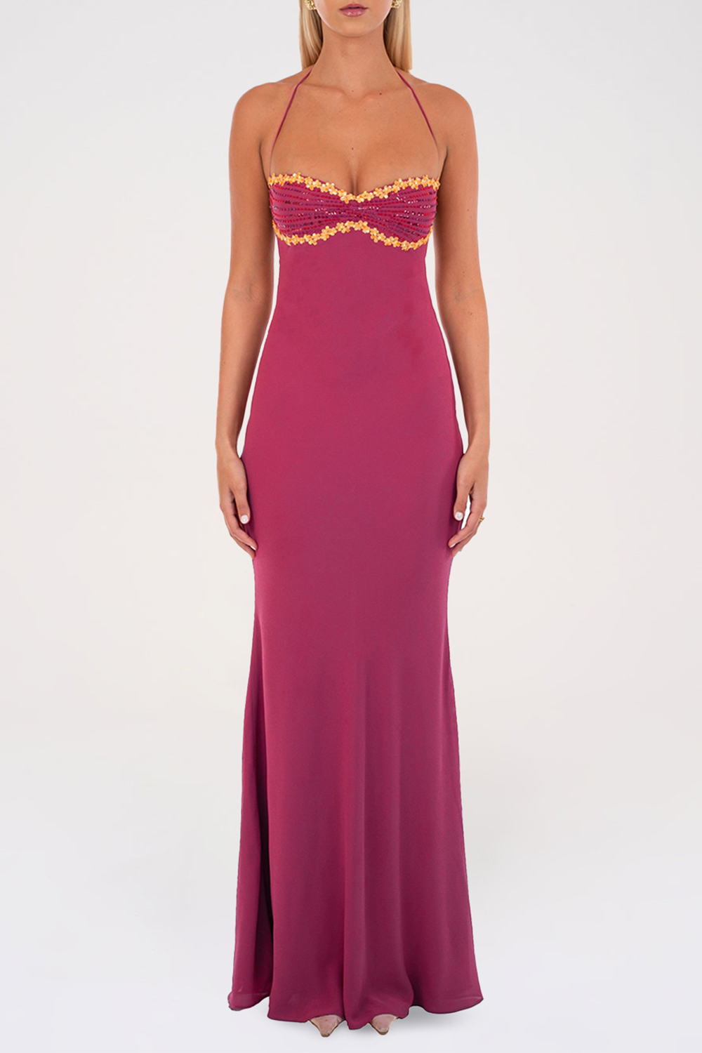 Floral Trim Sequin Beady Solid Color Halter Maxi Dresses - Fuchsia Pre Order