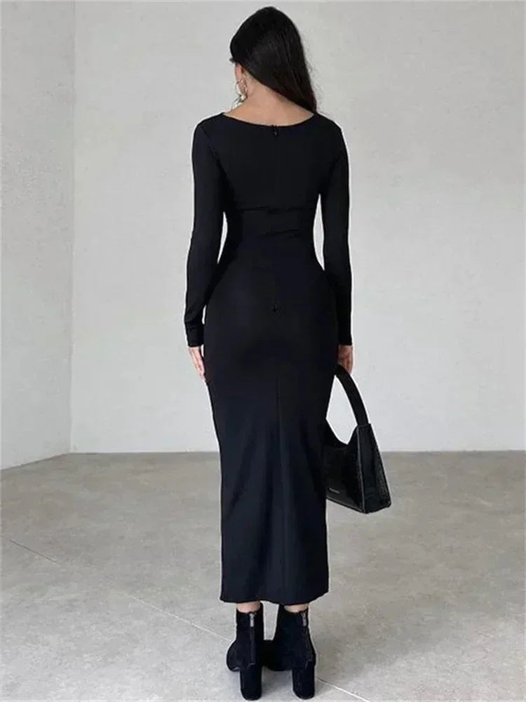 Tossy Pleated Autumn Dress Patchwork Elegant Women Long Sleeve Solid Vestidos Slim High Waist Bodycon Maxi Dress