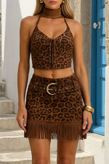 Leopard Print Halter Crop Top Belted Fringed Mini Skirt Set - Brown Pre Order