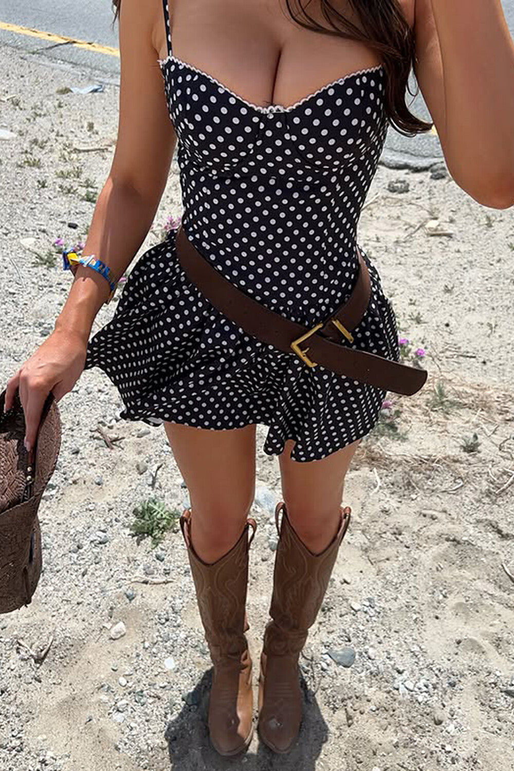 Polka Dot Print Cinch Waist Strappy Mini Dresses - Black