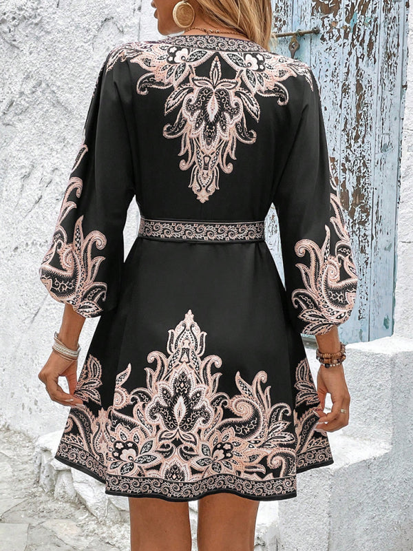 Printed V-Neck Three-Quarter Sleeve Tie-Waist Dress