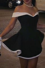 Colorblock Trim Strapless Cinch Waist Cocktail Party Mini Dresses - Black