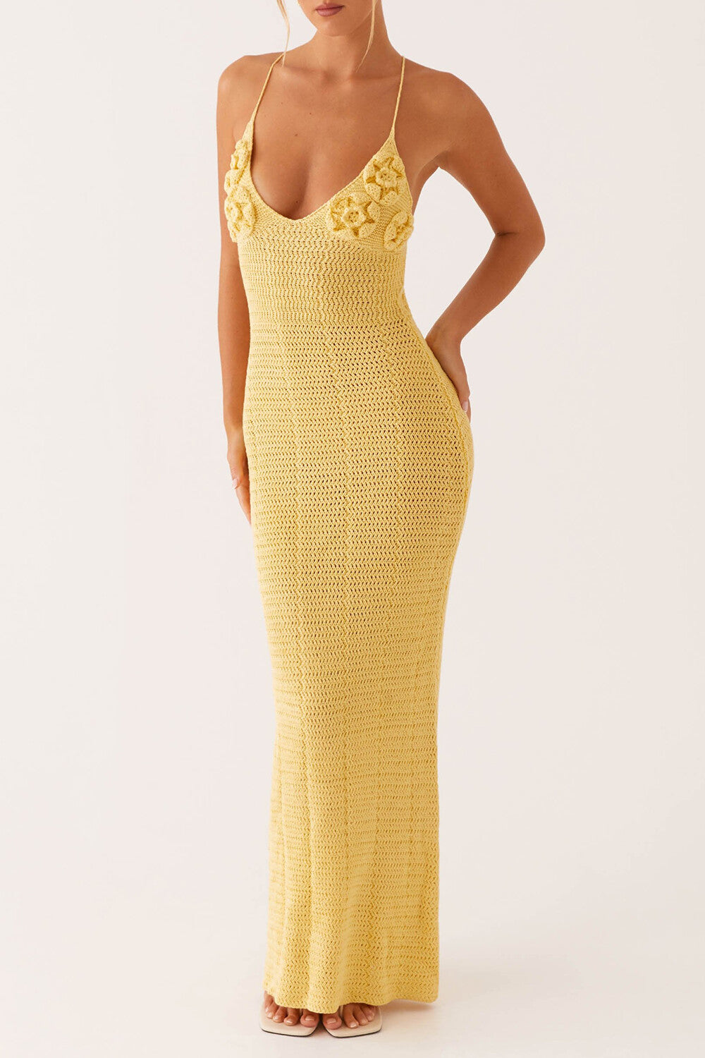 Plunge Neck 3D Flower Crochet Backless Slip Maxi Dresses - Yellow