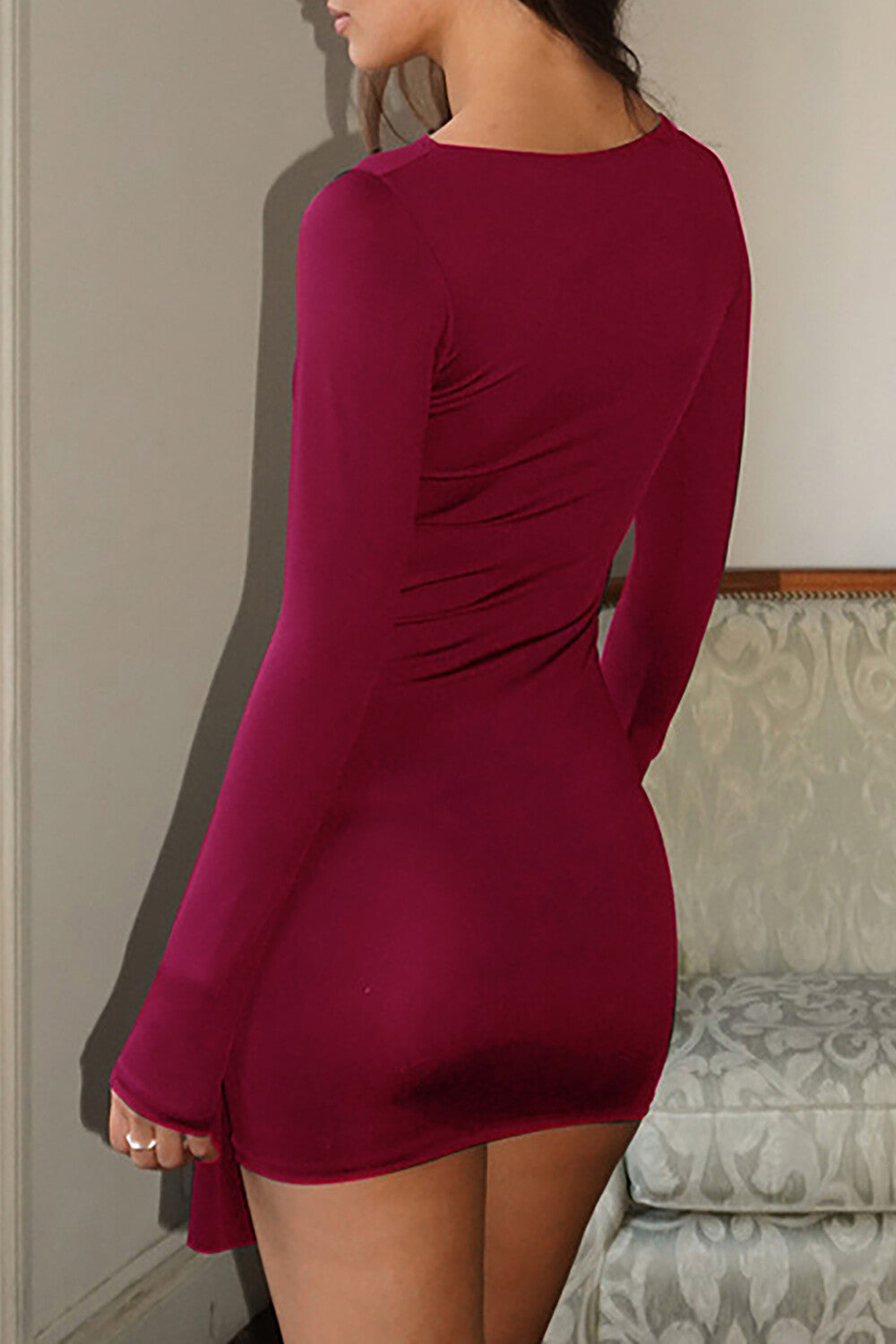 Round Neck Long Sleeve Metal O - Ring Ruched Fitted Mini Dresses - Black