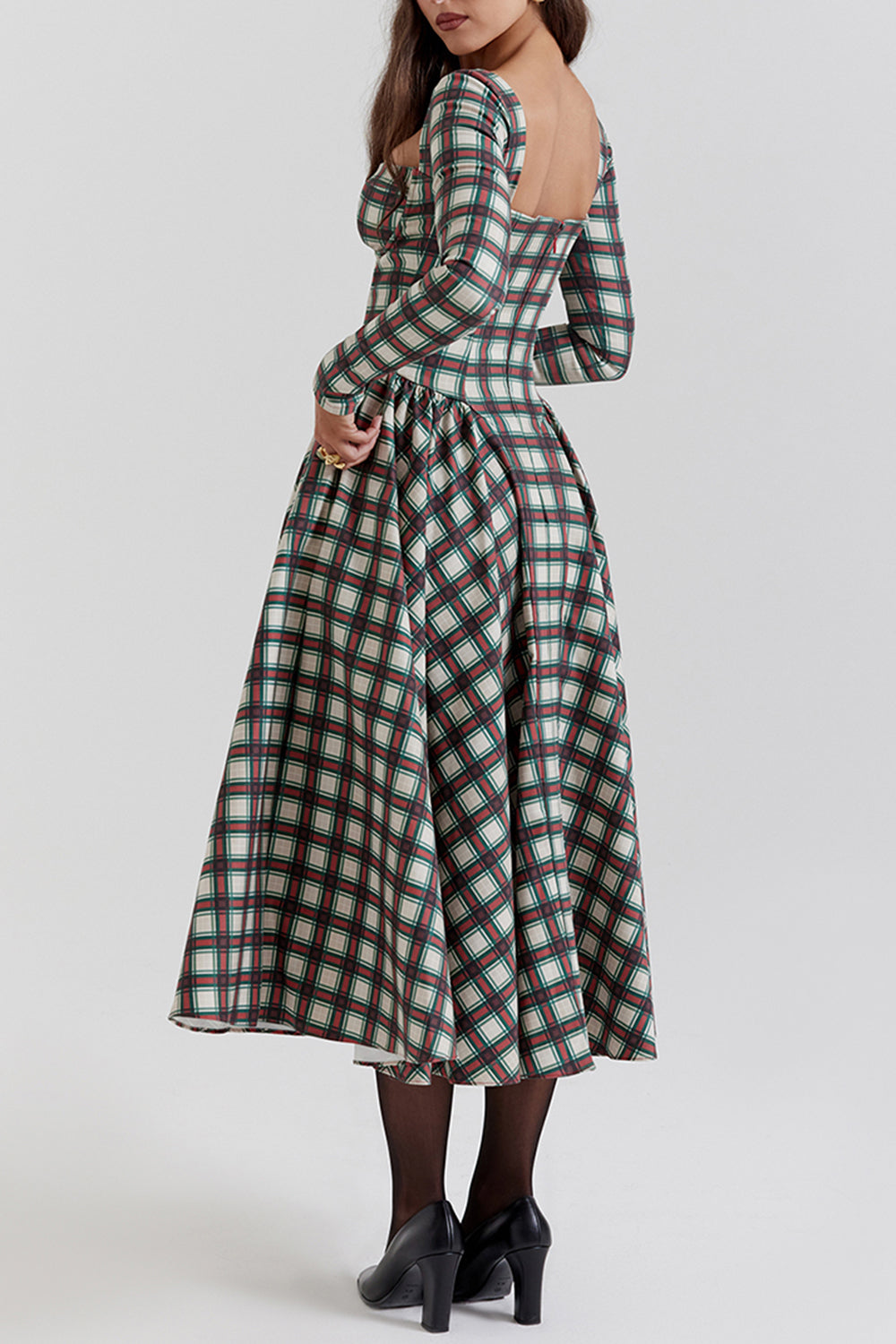 Plaid Pattern Long Sleeve Corset A - Line Pleated Midi Dresses - Red