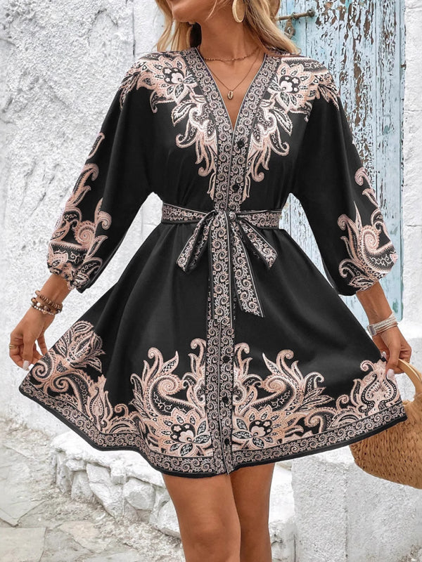 Printed V-Neck Three-Quarter Sleeve Tie-Waist Dress