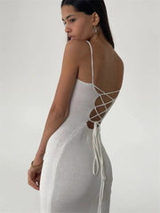 Women Knitted Dress Slash Neck Sleevesless Lace-up Backless Split Slim Ankle-length Dresses