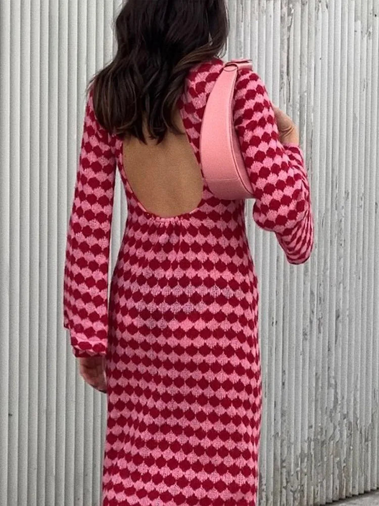 Print Knitted Dress Woman Autumn Backless Long Sleeve Sexy Midi Dresses Contrast Vacation Hallow Out Robe