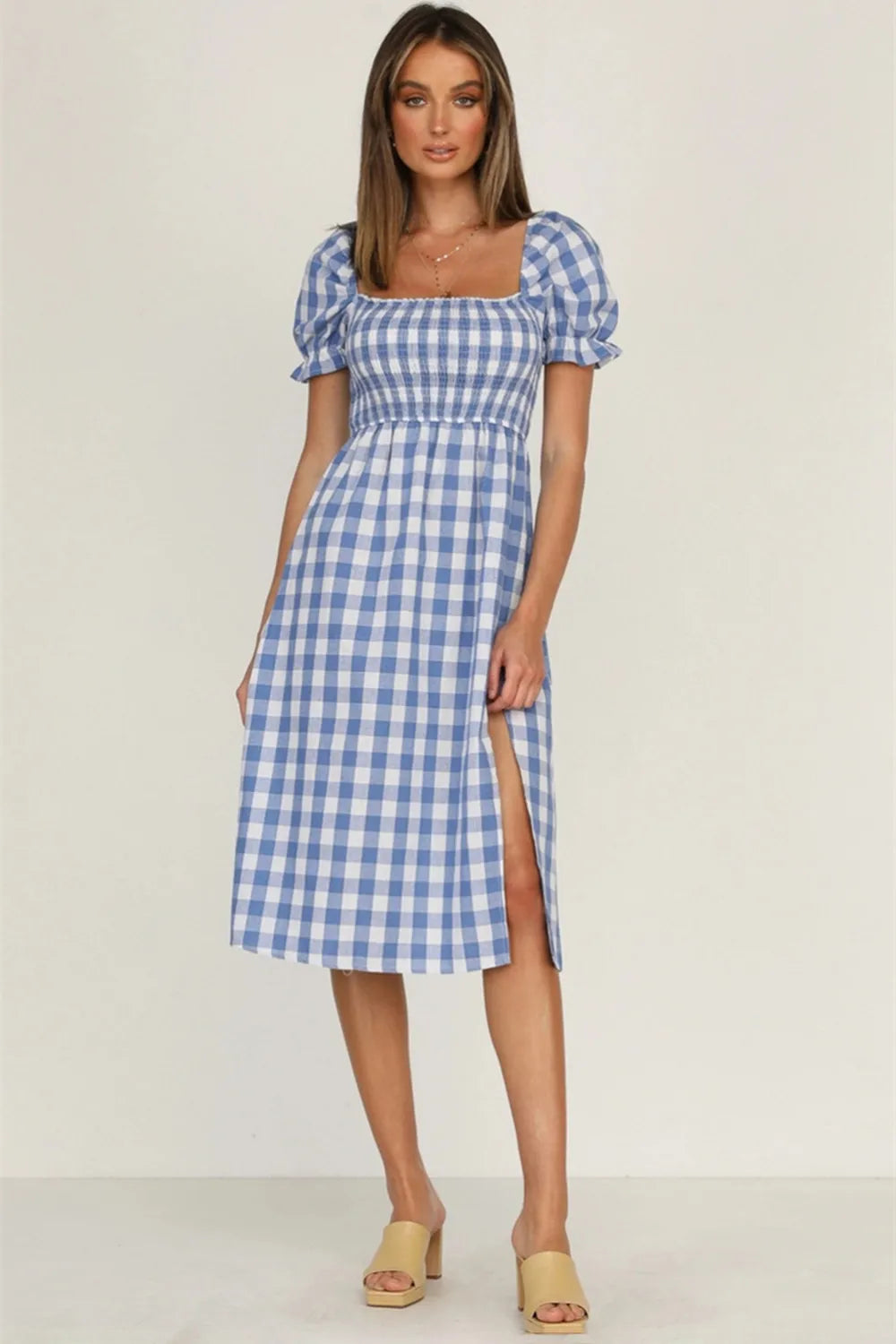 Slit Plaid Short Sleeve Midi Dress