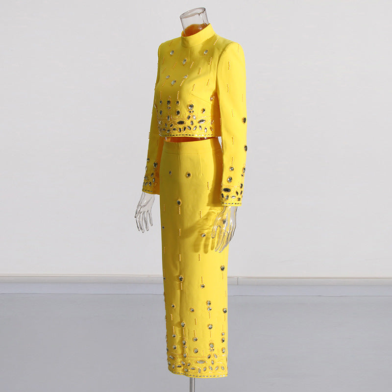 Handmade Beading Short Jacket Skirt Sets Outfits Designer Long Dress Set White Black Yellow Slim Suits Wedding