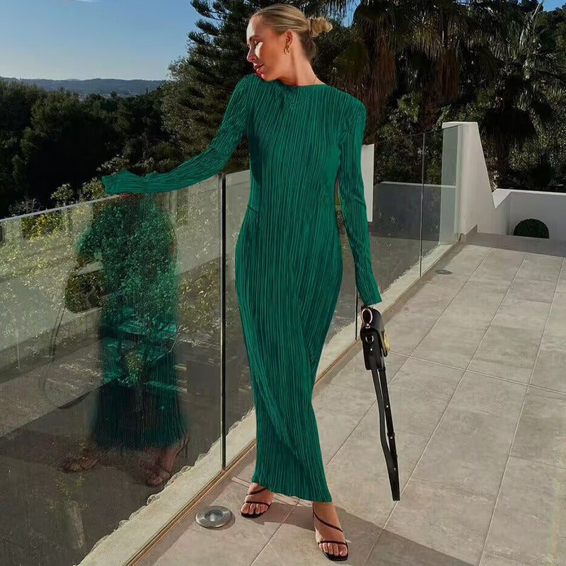 Elegant Bodycon Dress O Neck Flare Sleeves Long Dresses Holiday Vestidos