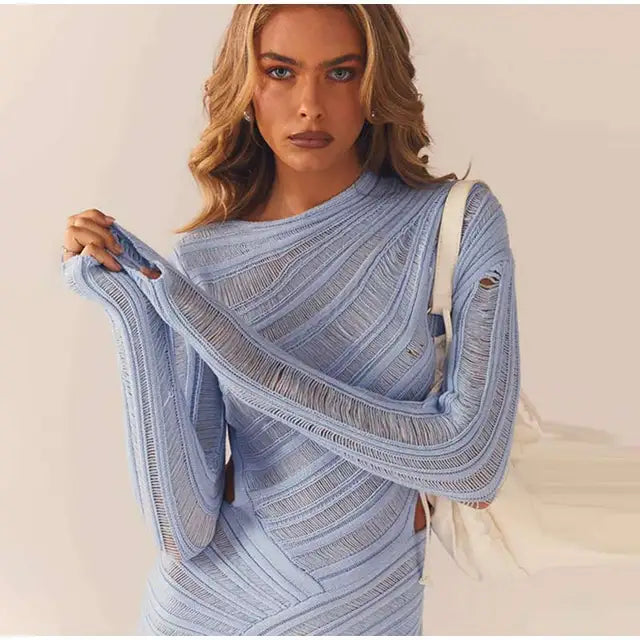 Hollow Out Long Sleeve Knitted Mini Dress Women Sexy White Bodycon Slim Dresses Autumn Female Streetwear Dresses