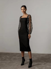 Simple and elegant embroidered patchwork buttocks up dress