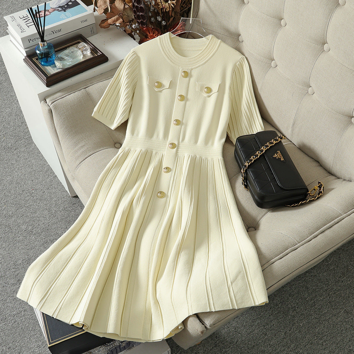 style small fragrant dress with French temperament, niche design, pocket curved bead knitted skirt
