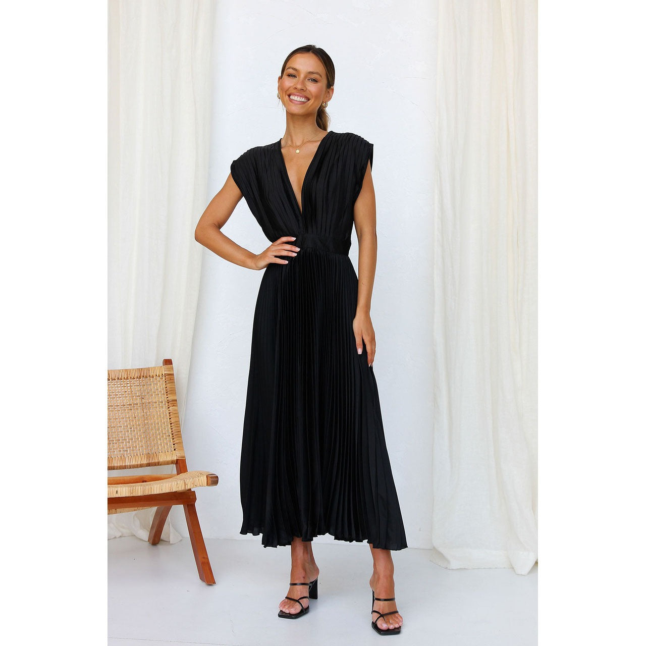 Spring/Sexy Pleated Dress INS Casual Loose Zipper Sleeveless Dress
