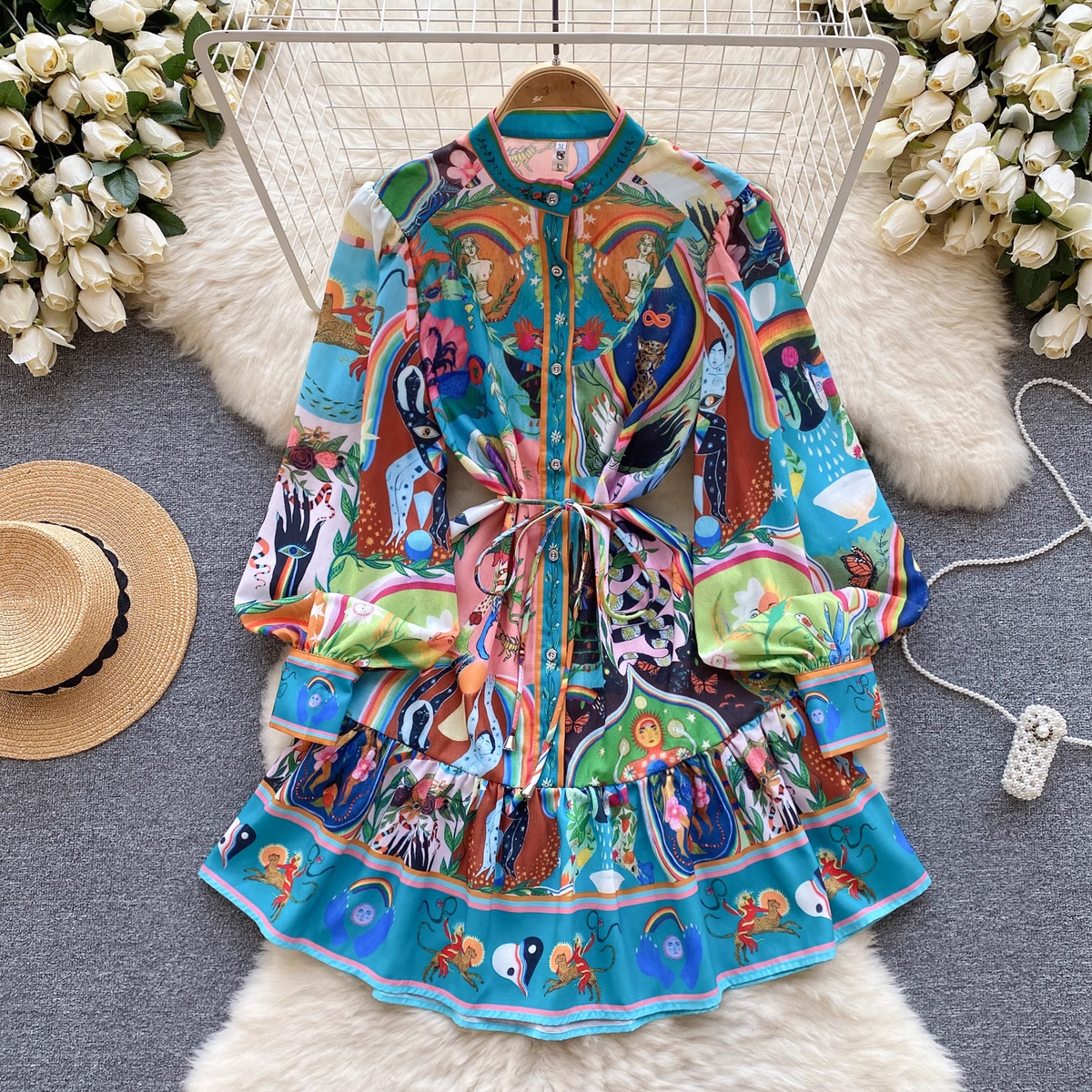 Printed skirt Women's stand collar lantern sleeve dress