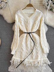 Long-sleeved V-neck waist slimming mid-length A-line fringed knitted sweater dress