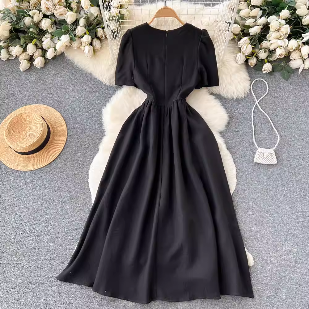 dress black short sleeve long dress