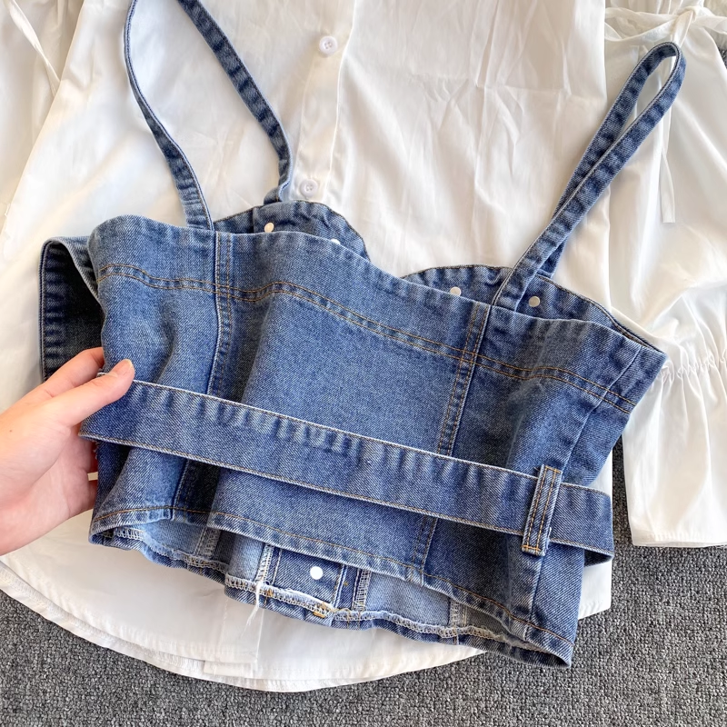 Retro Blouses Women's puff sleeve loose all-match denim camisole stacked two-piece suit