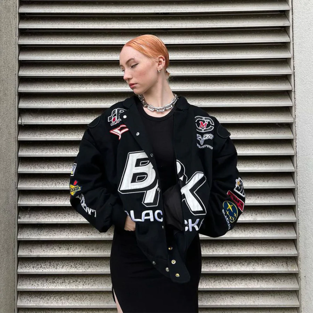 Chaqueta de moto con estampado de letras retro