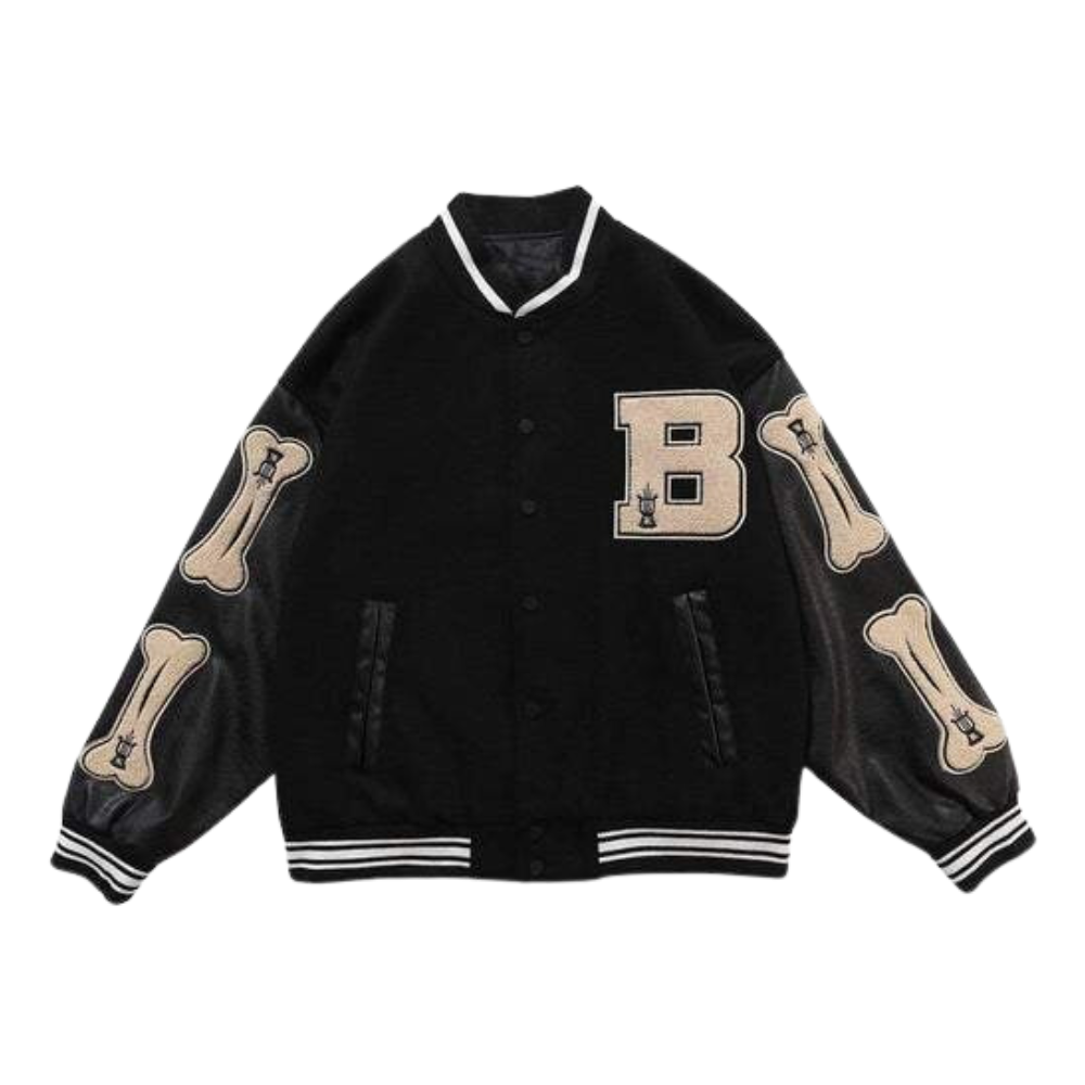 Chaqueta de béisbol con bordado de esqueleto de letras