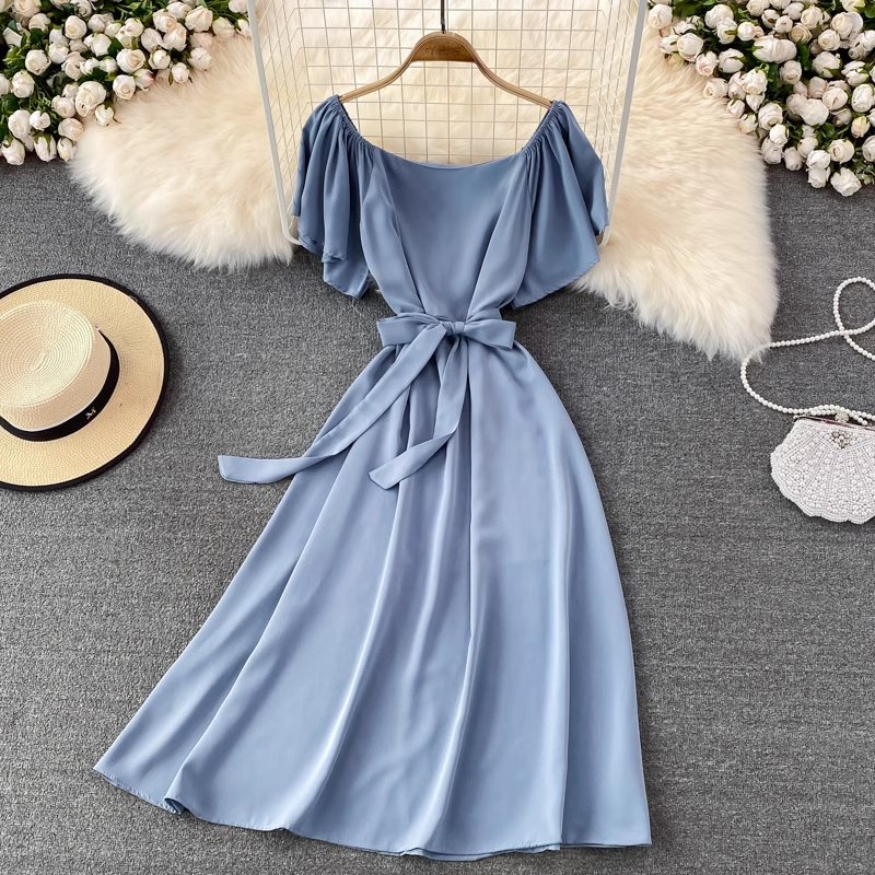 chic retro solid color ruffled mid-length square neck dress