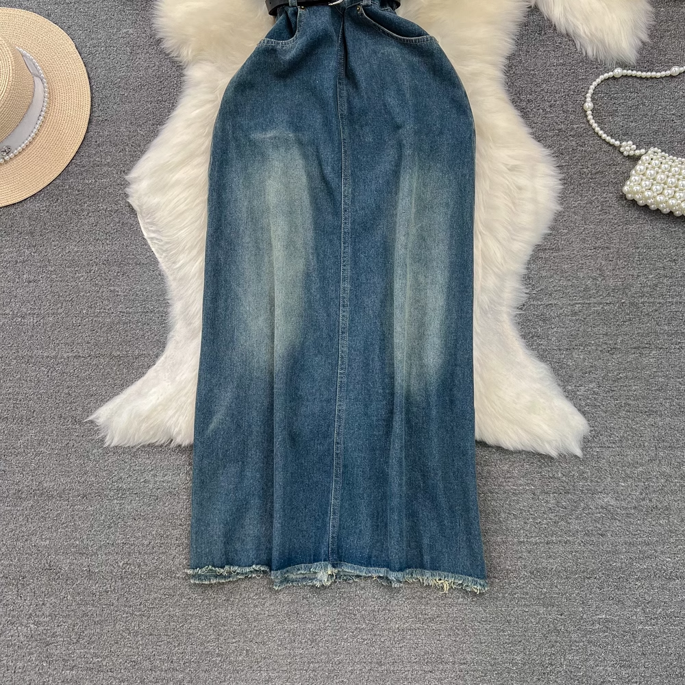 Retro design mid-length A-line fringed raw edge denim dress