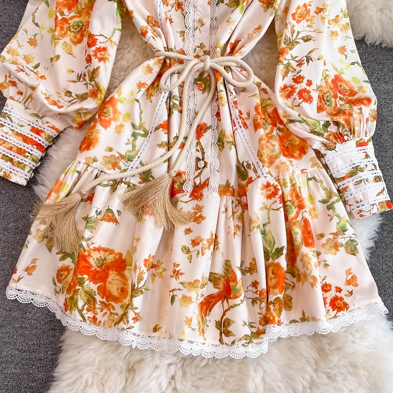 Retro court style lantern sleeve tassel belt waist print dress