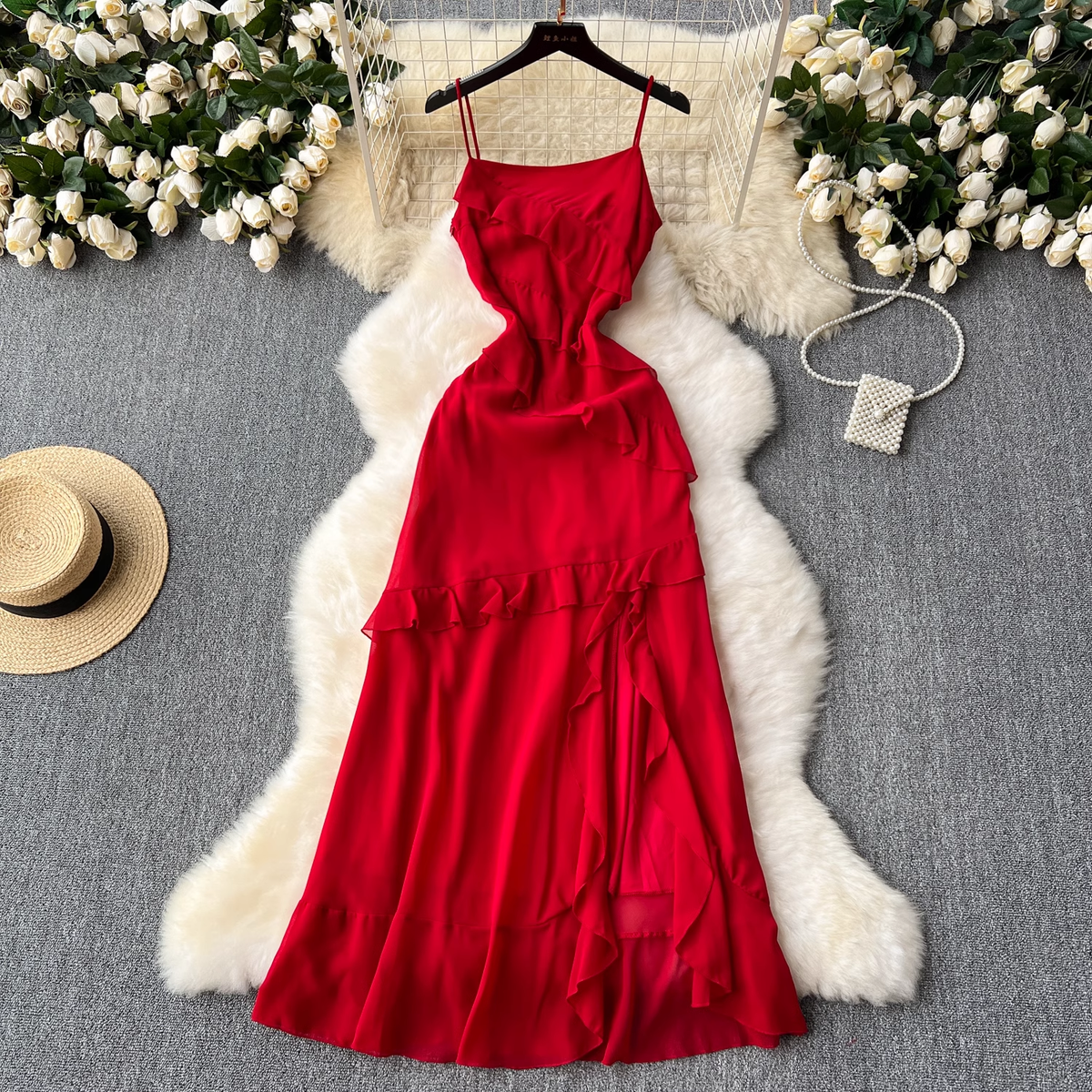Red dress slit ruffled patchwork holiday skirt