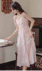 Pink ruffled chiffon suspender dress summer