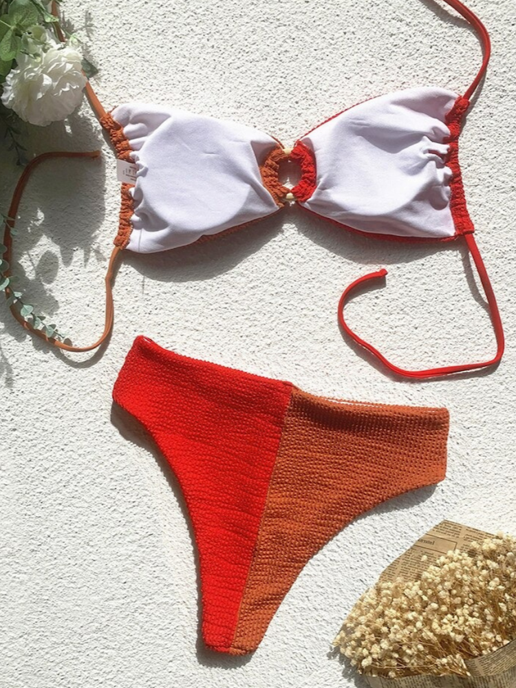 Traje de baño bikini de talle alto con diseño de patchwork