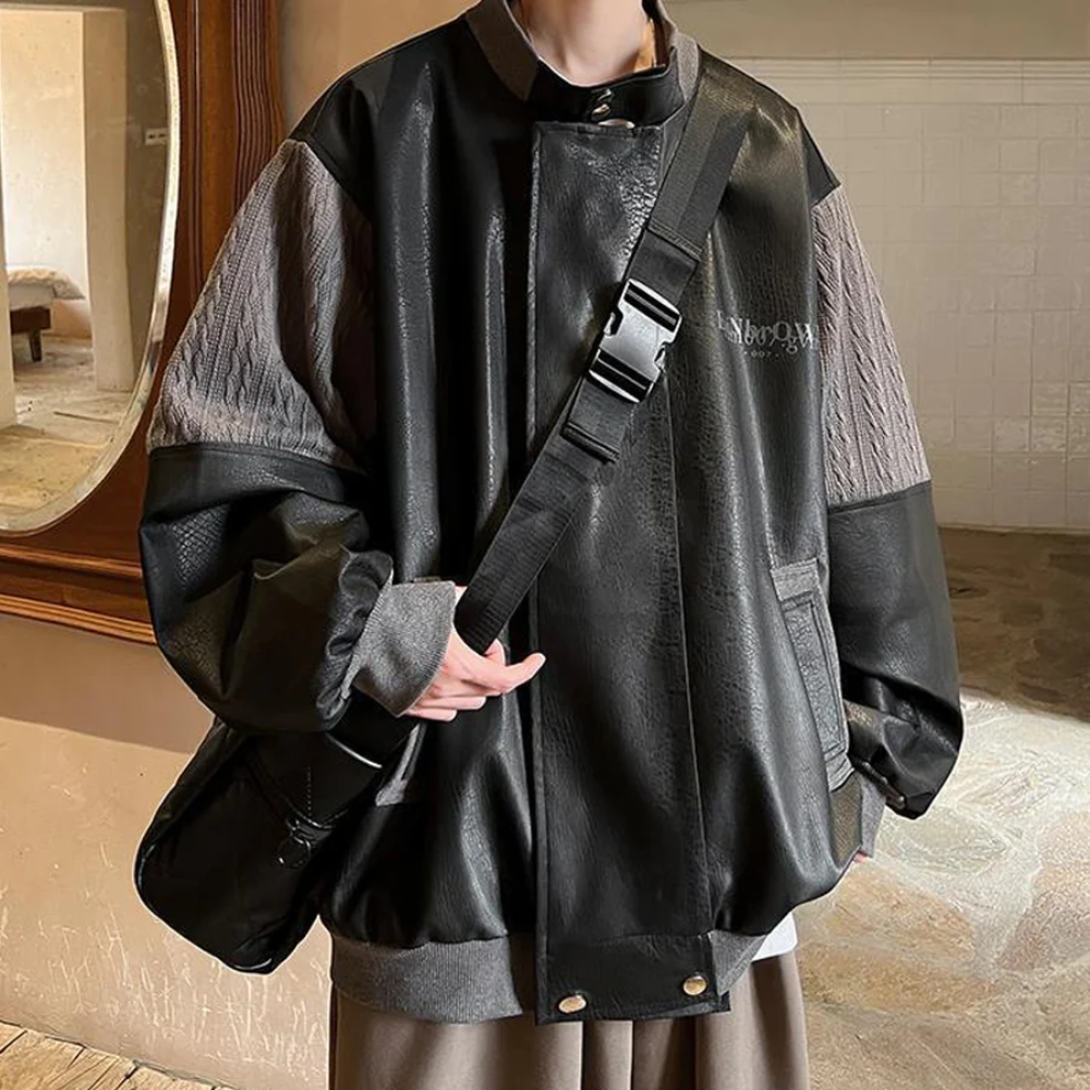 Chaqueta de lana con empalme de cuero sintético japonés