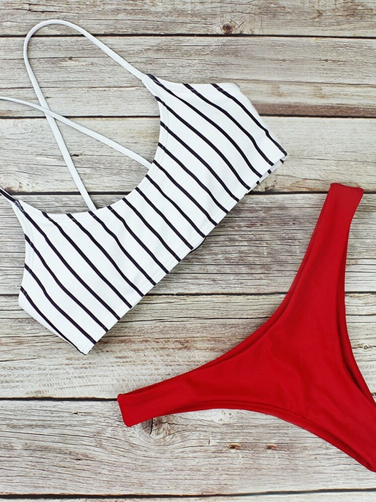 New Striped Print Bandage Lace Up Bikini