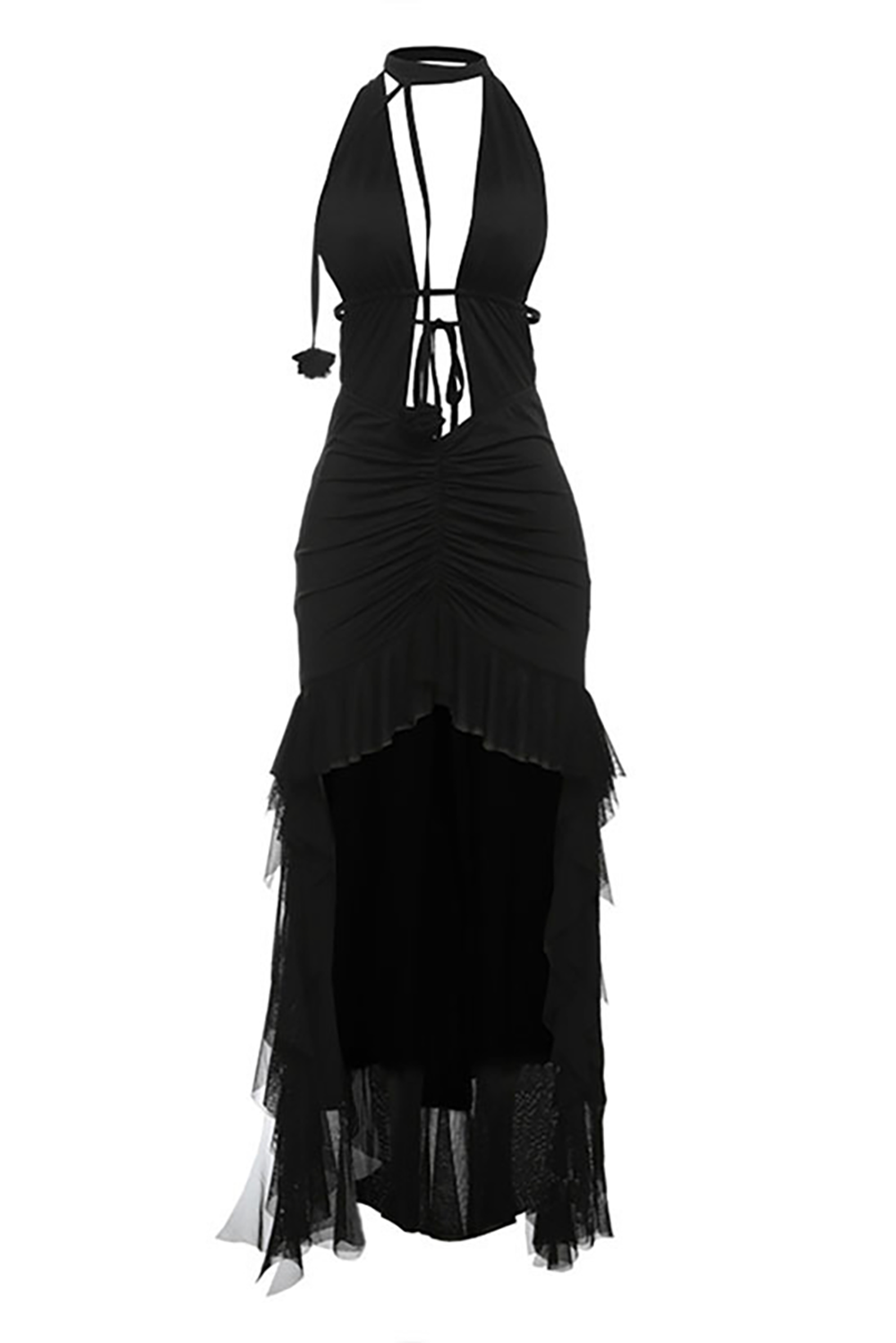 Plunge Neck Sleeveless Ruched Bodycon High - Low Hem Maxi Dresses - Black