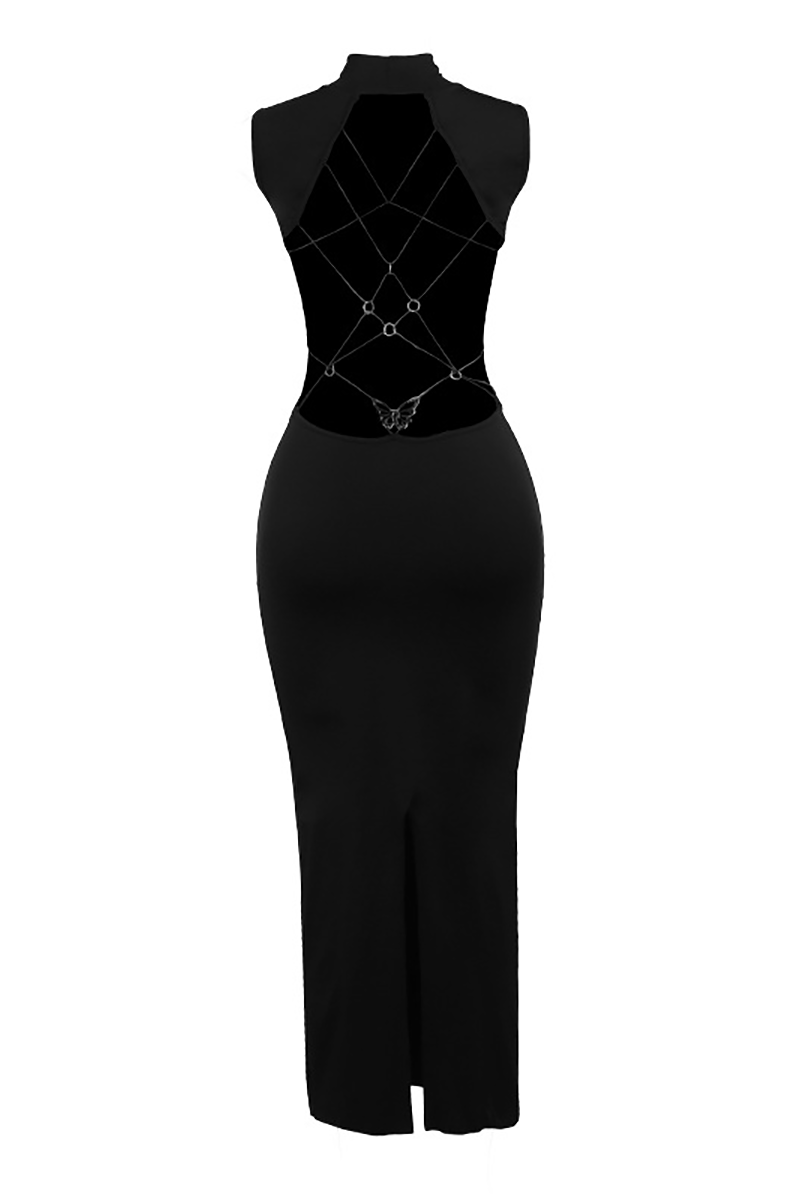 Stand Collar Sleeveless Cross Straps Backless Bodycon Maxi Dresses - Black