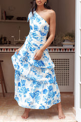 Floral Print One Shoulder Ribbon Layered Hem Garden Party Wedding Guest Maxi Dresses - Blue